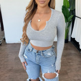 Fashionable and comfortable solid color pit stripe U-neck long-sleeved jacket