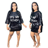 Round neck loose beaded letter print dress