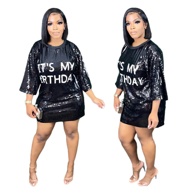 Round neck loose beaded letter print dress
