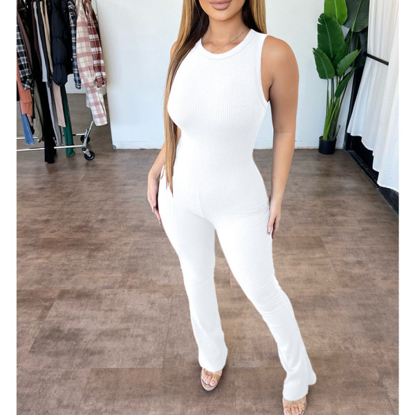 Comfortable sleeveless zipper slim high waist micro flare jumpsuit