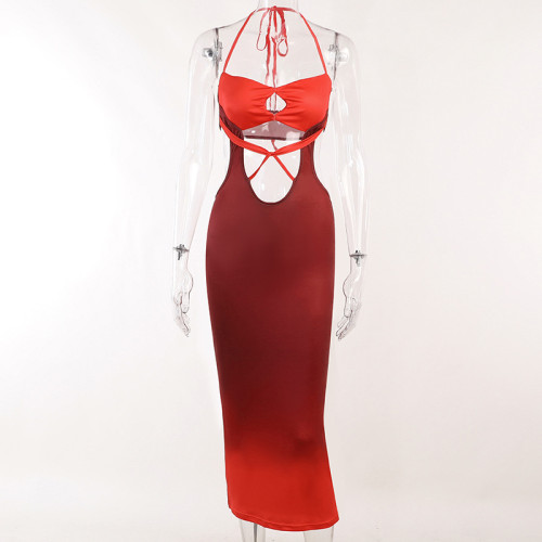 Sexy contrast suspender hollowed-out slim dress casual backless hot girl holiday dress