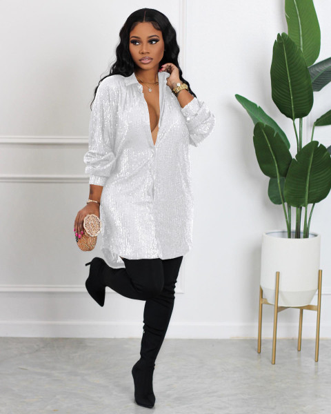 Solid sequin loose shirt dress