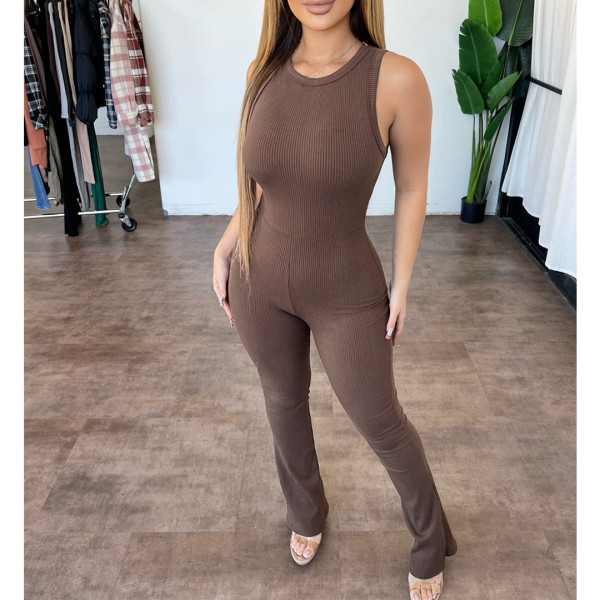 Comfortable sleeveless zipper slim high waist micro flare jumpsuit