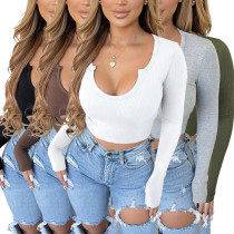 Fashionable and comfortable solid color pit stripe U-neck long-sleeved jacket Fashionable and comfortable solid color pit stripe U-neck long-sleeved jacket