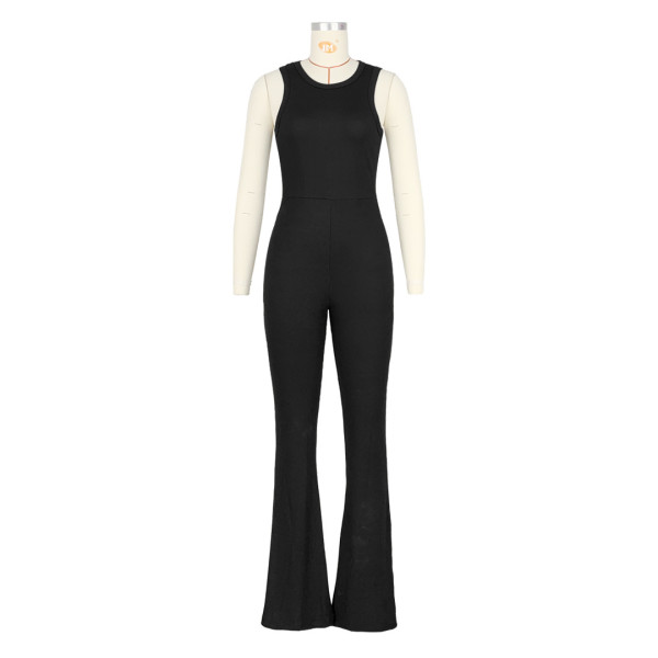 Comfortable sleeveless zipper slim high waist micro flare jumpsuit