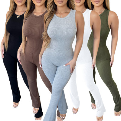 Comfortable sleeveless zipper slim high waist micro flare jumpsuit