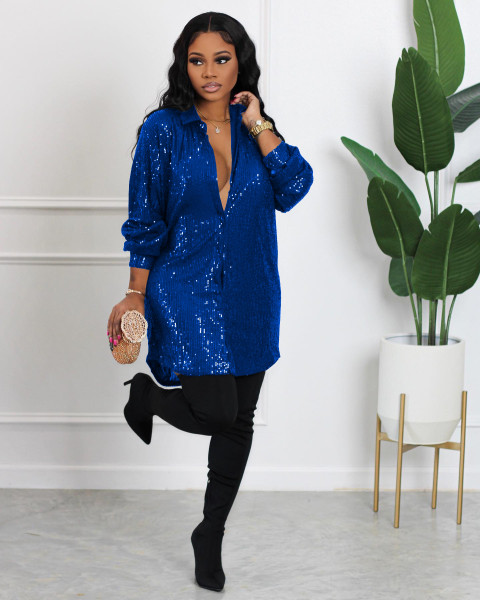 Solid sequin loose shirt dress