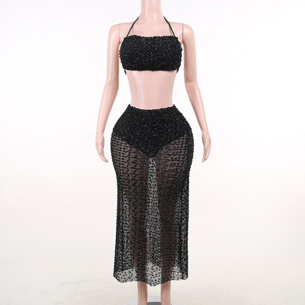 Half-skirt with neck suspender and perspective grid sequin two-piece hot girls fashion dress