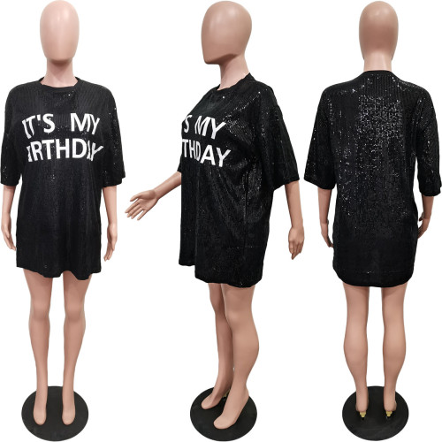 Round neck loose beaded letter print dress