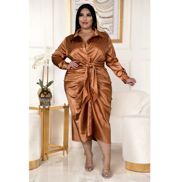 Fashion large women's reflective silk pleated shirt dress