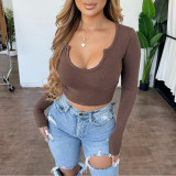 Fashionable and comfortable solid color pit stripe U-neck long-sleeved jacket