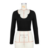 Fashionable and comfortable solid color pit stripe U-neck long-sleeved jacket