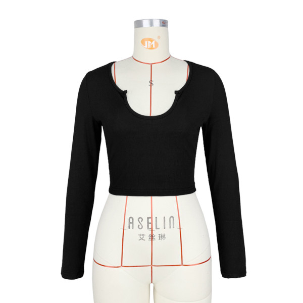 Fashionable and comfortable solid color pit stripe U-neck long-sleeved jacket