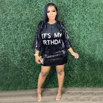 Round neck loose beaded letter print dress