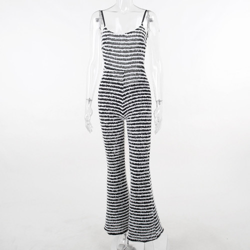 Sexy large open-back suspender with chest and buttock lifting stripes one-piece flared pants