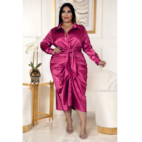 Fashion large women's reflective silk pleated shirt dress
