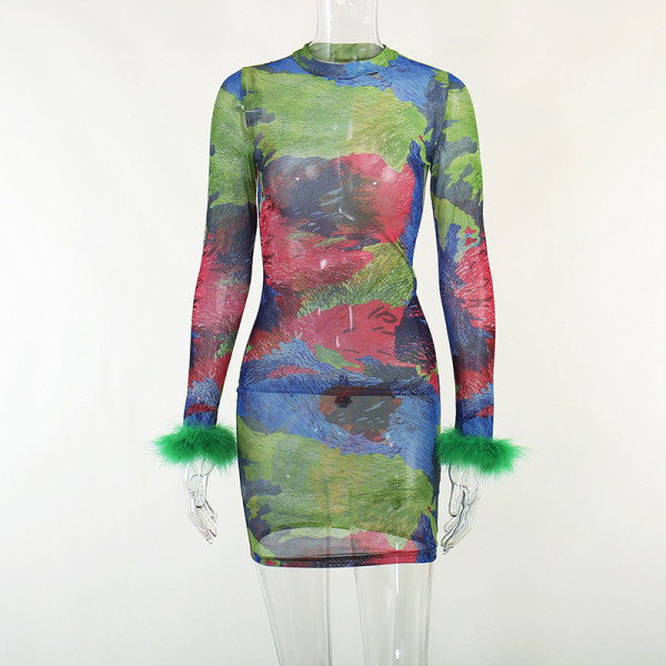 Sexy printing perspective fur edge long sleeve buttock skirt fashion slim high neck dress