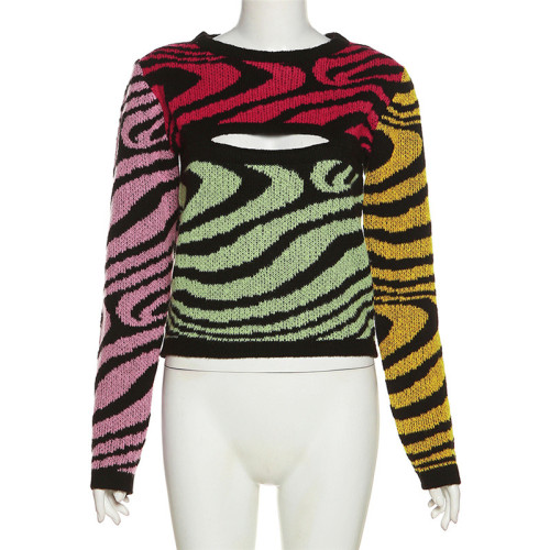Women's fashion sexy cut-out color contrast slim knit long-sleeved sweater