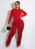 Women's suit fringed lace jumpsuit two-piece solid color sports