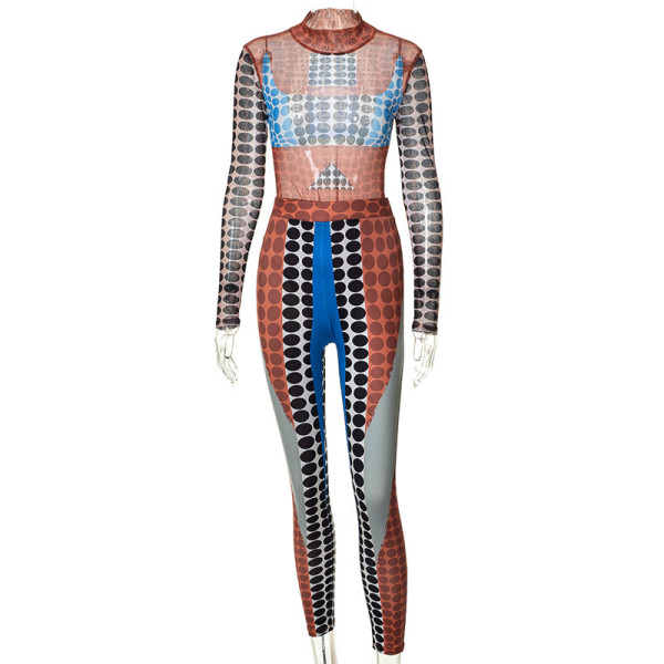 Women's polka dot print tight long-sleeved round-neck one-piece top with buttocks and trousers casual suit