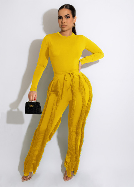 Women's suit fringed lace jumpsuit two-piece solid color sports