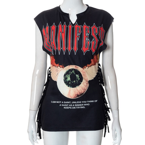 Fashion tassel print V-neck loose T-shirt casual blouse