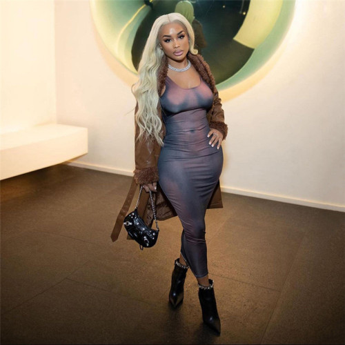 Sexy suspender with low neck print, high waist and buttocks, slimming dress