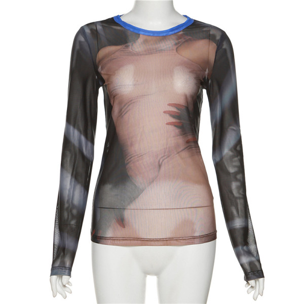 Women's fashion print round neck street trendy mesh contrast color long-sleeved top