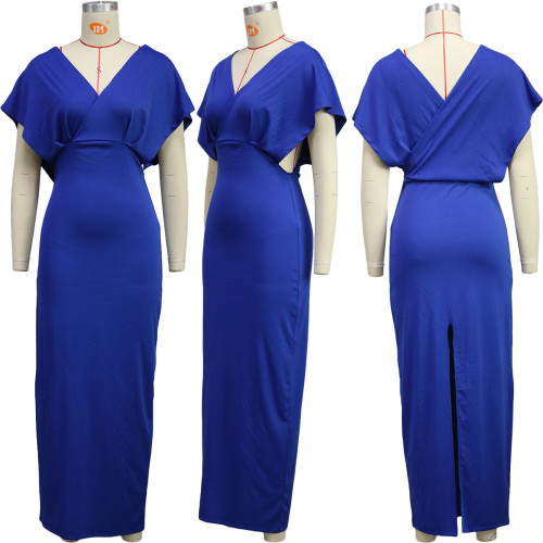 Fashion casual split V-neck short sleeve multicolor dress
