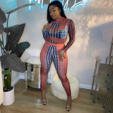 Women's polka dot print tight long-sleeved round-neck one-piece top with buttocks and trousers casual suit