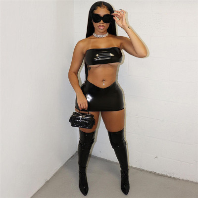 Women's sexy bright face imitation leather tight chest wrap high waist wrap hip skirt suit