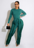 Women's suit fringed lace jumpsuit two-piece solid color sports