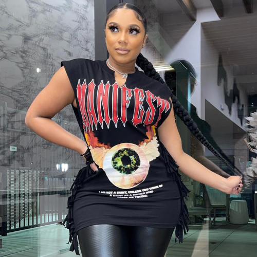 Fashion tassel print V-neck loose T-shirt casual blouse