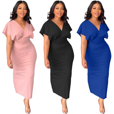 Fashion casual split V-neck short sleeve multicolor dress
