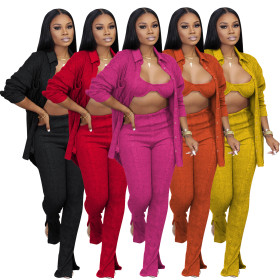 Women's three-piece suit coat pants sexy knitted shirt