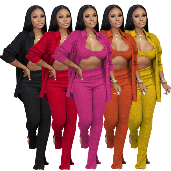 Women's three-piece suit coat pants sexy knitted shirt