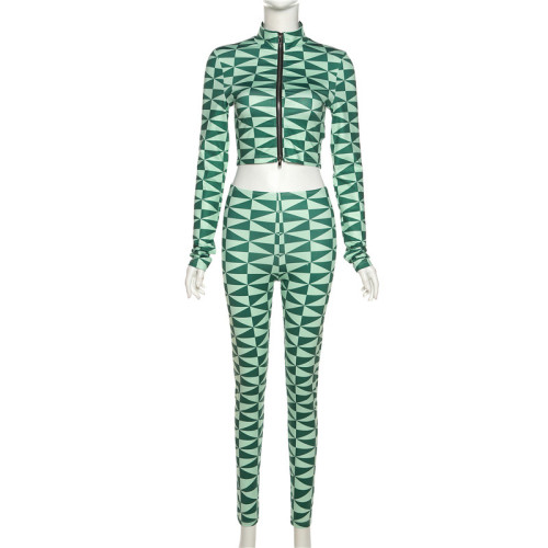 Women's plaid contrast color patchwork cardigan slim sports casual pants set