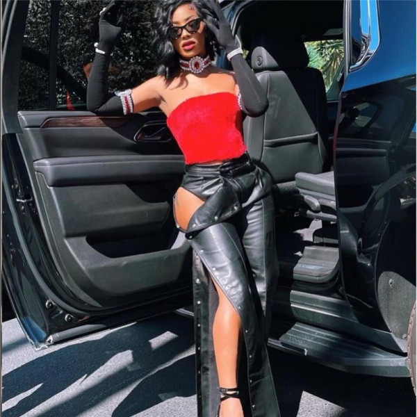 Sexy hollow-out hip lifting high waist tight button split imitation leather casual pants