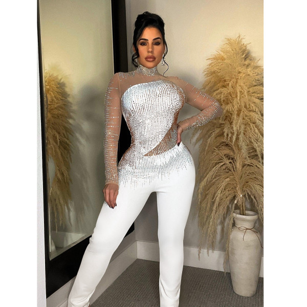 Fashion women's pure color mesh ironing long-sleeved trousers jumpsuit