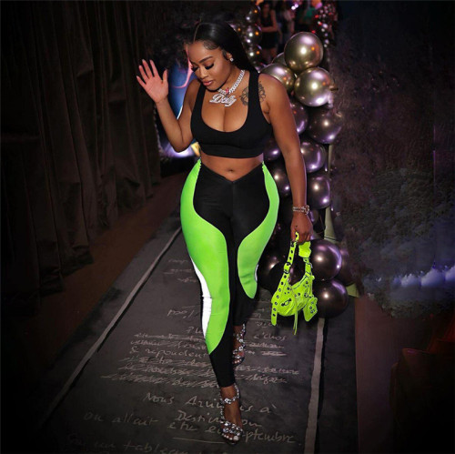 Women's tight-fitting sports contrast panel high-waisted slim breathable casual pants