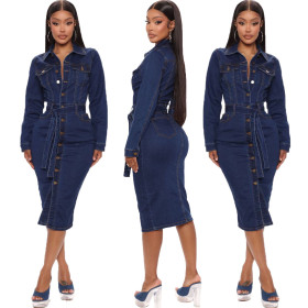 Denim long sleeve slim slim medium length single breasted jacket sexy women's dress