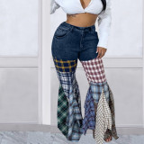 Multi-panel checkered horn denim ruffle trousers