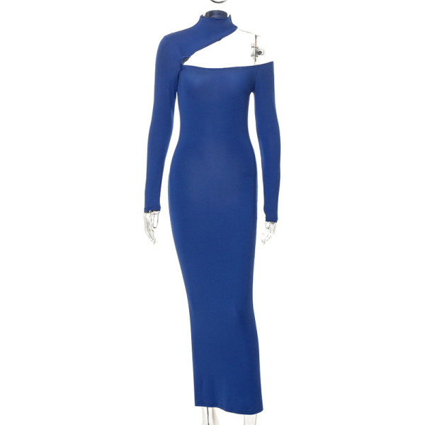 Round neck off-shoulder tight solid color buttock wrapped long-sleeved dress