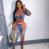 Women's polka dot print tight long-sleeved round-neck one-piece top with buttocks and trousers casual suit