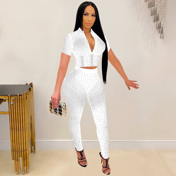 Fashion women's pure color mesh ironing short-sleeved trousers two-piece set
