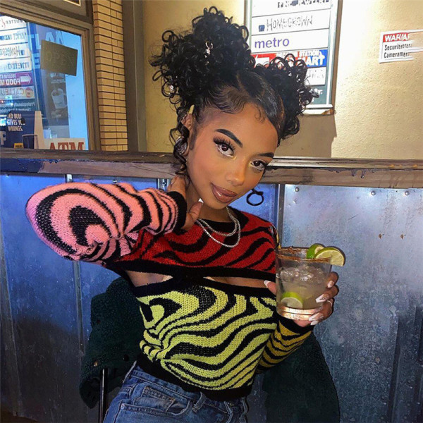 Women's fashion sexy cut-out color contrast slim knit long-sleeved sweater