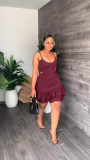 Casual fashion suspender low-cut ruffle buttock dress