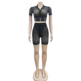 Fashion women's pure color mesh ironing short-sleeved shorts two-piece set