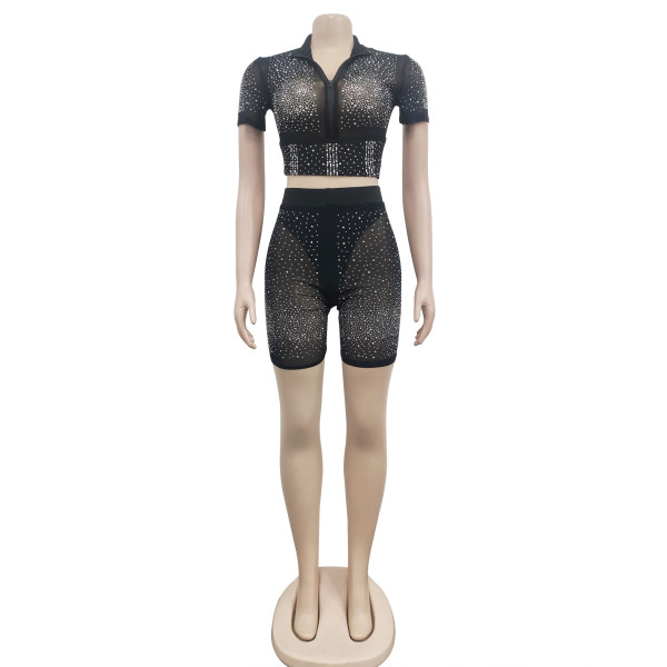 Fashion women's pure color mesh ironing short-sleeved shorts two-piece set