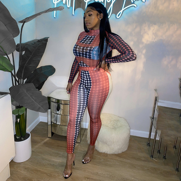 Women's polka dot print tight long-sleeved round-neck one-piece top with buttocks and trousers casual suit